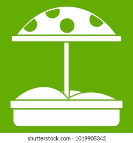 Sandbox with dotted umbrella icon white isolated on green background. Vector illustration
