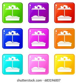 Sandbox with dotted umbrella icons of 9 color set isolated vector illustration