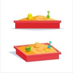 Sandbox Icons. Isometric And Front View. Kids Beach Toys In Heap Of Sand. Vector Cartoon Illustration Isolated On A White Background.