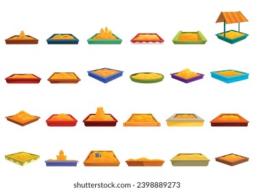 Los iconos de Sandbox establecen el vector de dibujos animados. Aparcamiento para niños. Arena de madera de barro