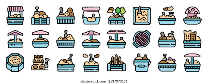 Sandbox icons set, in various shapes and sizes, with sand toys like shovels, buckets, and rakes, some covered by umbrellas