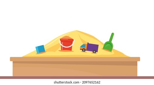 Sandbox with pile of sand and children toys in flat style. Sandpit with kids shovel, bucket and car on pile of yellow powder. Vector illustration