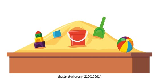 Sandbox With Pile Of Sand And Children Toys In Flat Style. Sandpit With Kids Shovel, Bucket And Car On Pile Of Yellow Powder. Vector Illustration