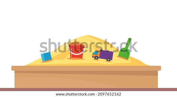 Sandbox with pile of sand and children toys\
in flat style. Sandpit with kids shovel, bucket and car on pile of\
yellow powder. Vector\
illustration