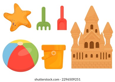 Sandbox play illustrations, sand castle, bucket, shovel, rake, ball, starfish, clipart illustrations for kids. Colorful baby shower cliparts or print for invitations, greeting cards, posters, etc