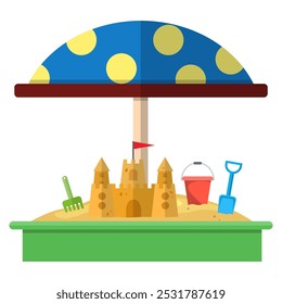 Sandbox com ícone vermelho pontilhado guarda-chuva, balde, ancinho, castelo de areia e pá. ilustração vetorial em design plano