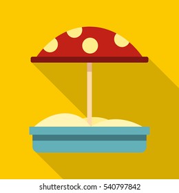 Sandbox with red dotted umbrella icon. Flat illustration of sandbox with red dotted umbrella vector icon for web isolated on yellow background