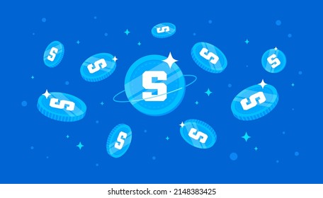 The Sandbox (SAND) coins falling from the sky. SAND cryptocurrency concept banner background.
