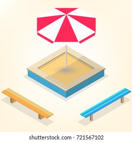 Sandbox with a set of wooden benches and sun protective umbrella isolated on white background. Elements of the design of playgrounds and parks. Flat 3d isometric style, vector illustration.