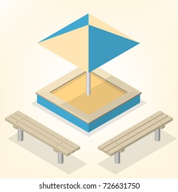 Sandbox with a set of wooden benches and sun protective umbrella isolated on white background. Elements of the design of playgrounds and parks. Flat 3d isometric style, vector illustration.