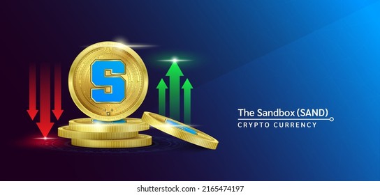 El cartel de criptodivisa de token de Sandbox. Futura moneda en el mercado bursátil de blockchain con flechas rojas-verdes arriba y abajo. Monedas de oro cripto monedas. Cartel de noticias de fondo sólido. Vector 3D.