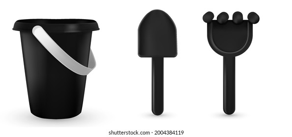 Sandbox toys. Baby bucket, rake, scapula. Set of buckets and dustpan. For playing in the sandbox for children. Colorful children toys isolated on white background.
