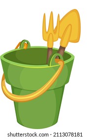 Sandbox toys. Child bucket with plastic shovel and rake