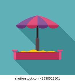 Sandbox with umbrella casting a shadow, perfect for illustrating summer, childhood, or outdoor play