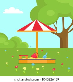 Sandbox with umbrella striped tent with sand, red wooden seat bucket and shovel vector illustration on green lawn with flowers and trees vector illustration