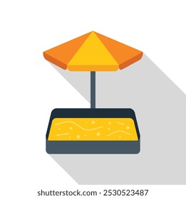 Sandbox with a yellow and orange umbrella providing shade on a sunny day