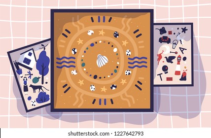 Sandboxes, Trays Or Boxes With Sand And Miniature Toy Figures. Sandplay Therapy, Psychotherapeutic Practice, Therapeutic Method Of Treatment Through Play. Vector Illustration In Flat Cartoon Style.