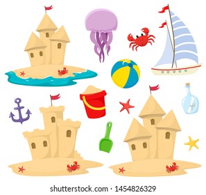 Sandcastle beach icons set  with decorative elements in cartoon style.Marine theme. Vector isolates on a white background.