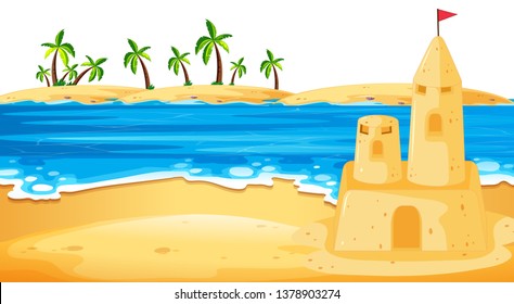 Sandcastle in beach scene illustration