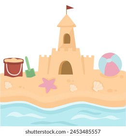 Sandcastle and beach toys, Sandcastle cartoon, Sandcastle flat vector illustration 