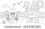 sandcastle and cartoon crab summer coloring page. you can print it on