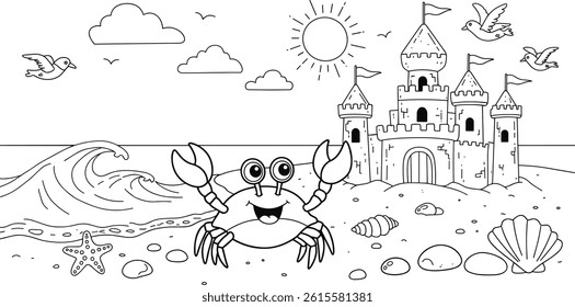 sandcastle and cartoon crab summer coloring page. you can print it on