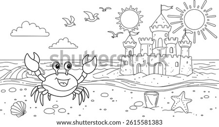 sandcastle and cartoon crab summer coloring page. you can print it on