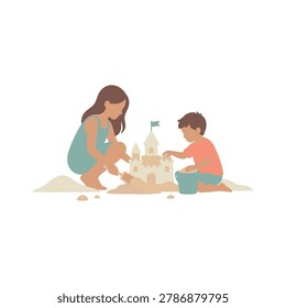 Sandcastle construction on a sunny beach with children enjoying a creative outdoor summer activity