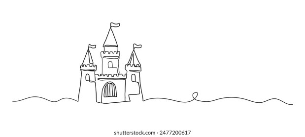 Sandcastle dibujo continuo de una línea, elemento de arte de una sola línea, Ilustración vectorial minimalista de línea de boceto, concepto de vacaciones de viaje de verano