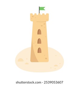 Castelo de areia com bandeira na praia em estilo plano