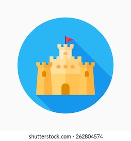 sandcastle flat icon with long shadow on blue circle background , vector illustration , eps10