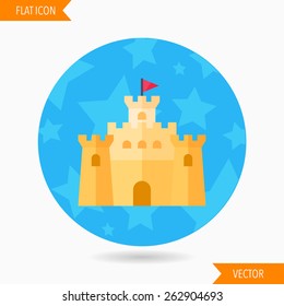 sandcastle flat icon with long shadow on blue circle background , vector illustration , eps10