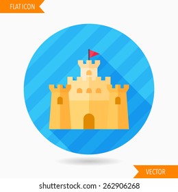 sandcastle flat icon with long shadow on blue circle background , vector illustration , eps10