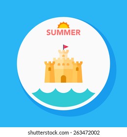 sandcastle flat icon with long shadow on blue circle background , vector illustration , eps10