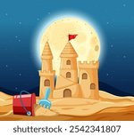 A sandcastle with a full moon backdrop