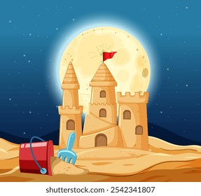 A sandcastle with a full moon backdrop