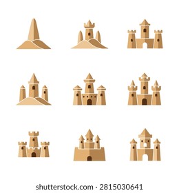 Sandcastle icon set with various tower and wall designs. A grid of nine flat sandcastle icons in earthy tan tones featuring diverse towers and fortresses. Ideal for summer travel brochures or beach activity apps.