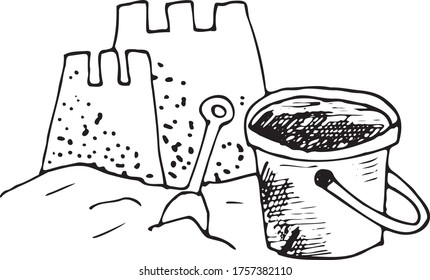 Sandcastle illustration, drawing, engraving, ink, line art, vector