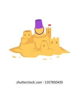 Sandcastle with kid toy bucket and little red flag in flat style isolated on white background - vector illustration of castle with tower made from yellow sand for summer seashore recreation concept.