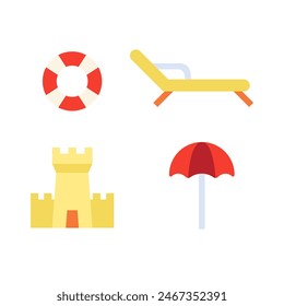 Sandcastle, life preserver, umbrella and chaise vector illustration. Simple and minimalistic beach icons