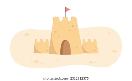 Sandcastle and little red flag in flat style