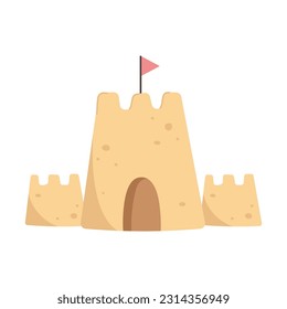 Castillo de arena y pequeña bandera roja de estilo plano