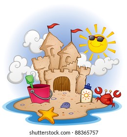 Sandcastle On The Beach Cartoon Illustration