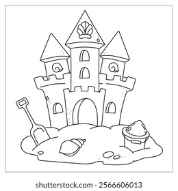 Sandcastle on the beach coloring page. Book page for kids