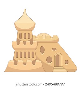 Sandcastle on a beach, evoking summer vacation, childhood memories, and seaside fun