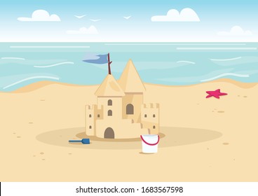 Sandcastle on beach flat color vector illustration. Summer vacation entertainment for kids. Sand castle and children toys on seacoast 2D cartoon landscape with water on background
