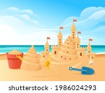 Sandcastle on the beach happy childhood hobby building with sand shovel and bucket vector illustration with beachside and clear sky