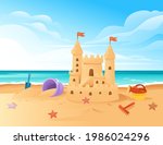Sandcastle on the beach happy childhood hobby building with sand shovel and bucket vector illustration with beachside and clear sky