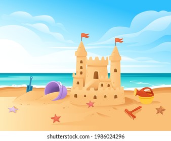 Sandcastle on the beach happy childhood hobby building with sand shovel and bucket vector illustration with beachside and clear sky