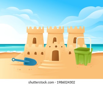 Sandcastle on the beach happy childhood hobby building with sand shovel and bucket vector illustration with beachside and clear sky